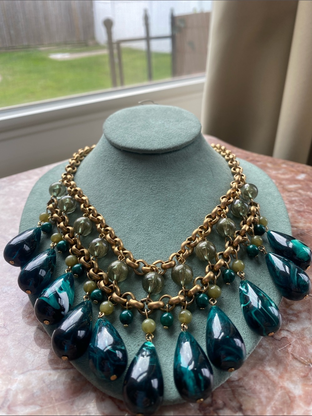 Gold Chain Necklace with Green Teal and Green Statement Drops